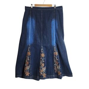 Molato Womens Plus 3X Denim Maxi Skirt Floral Embroidered Sequin Dark Wash Flare